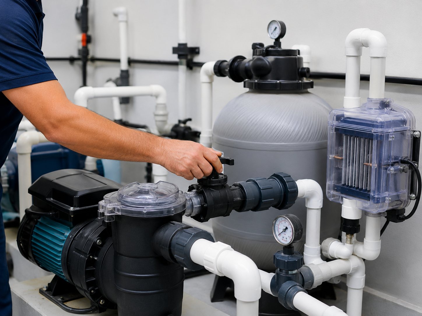 Equipamento técnico de uma piscina — bomba e filtração